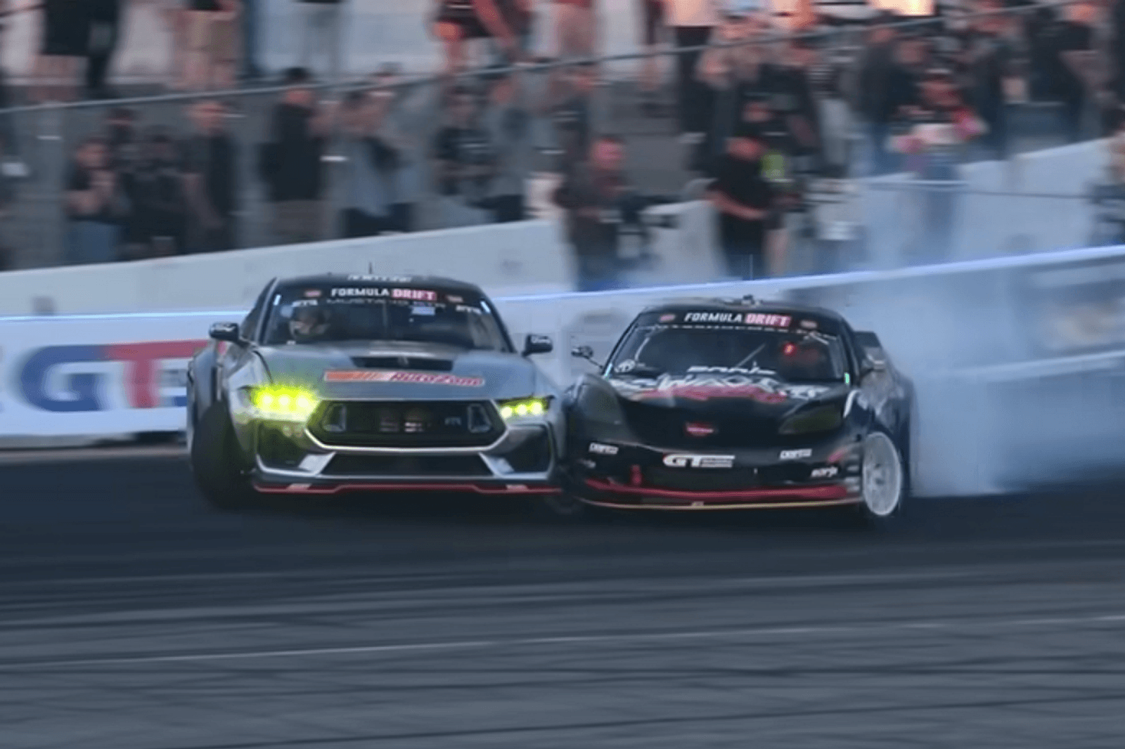 Watch an 1,100-HP Ford Mustang Ride the Wall in Wild Formula Drift Crash
