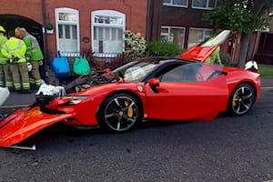 Driver Runs Away After Smashing Ferrari SF90 Into Parked Cars